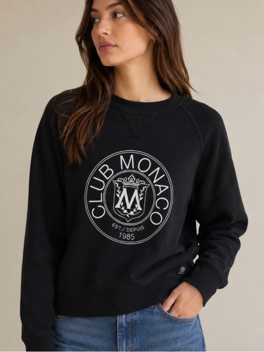 Club Monaco Black Sweatshirt with White Crest Logo